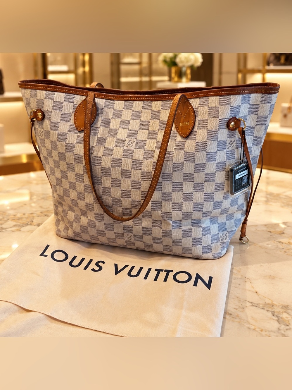 Louis Vuitton Neverfull MM Damier Azur Canvas Tote Bag Vachetta Leather